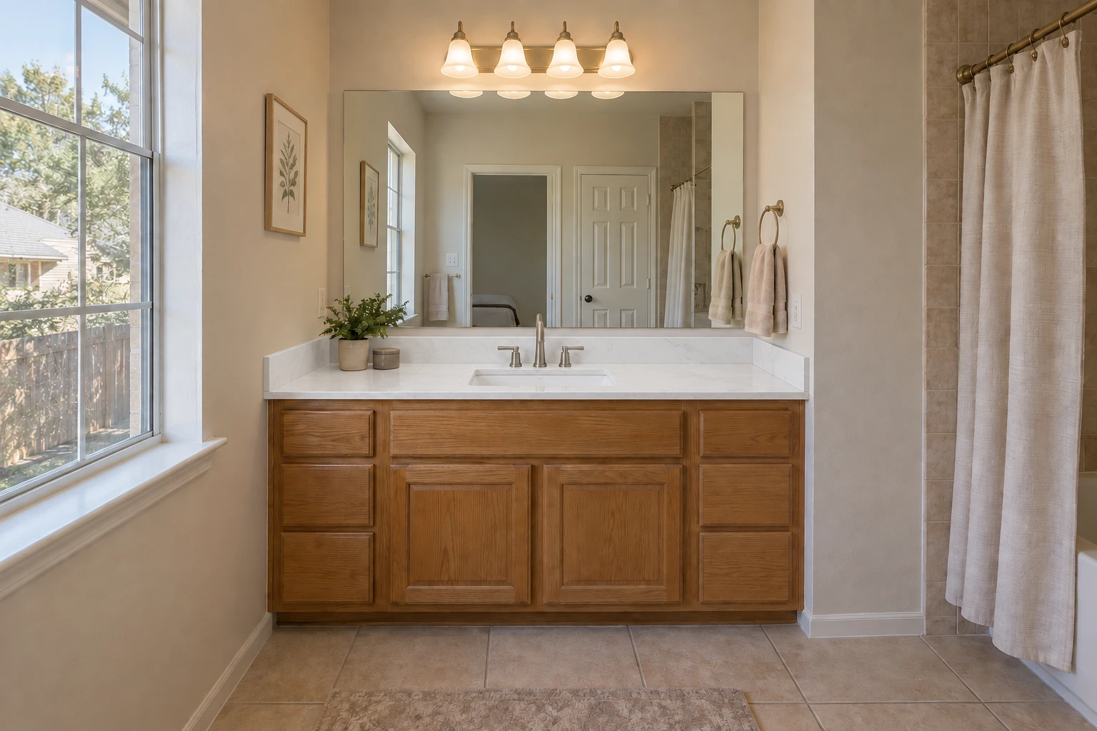 The same vanity with a white quartz top, a rectangular undermount basin and a brushed nickel faucet