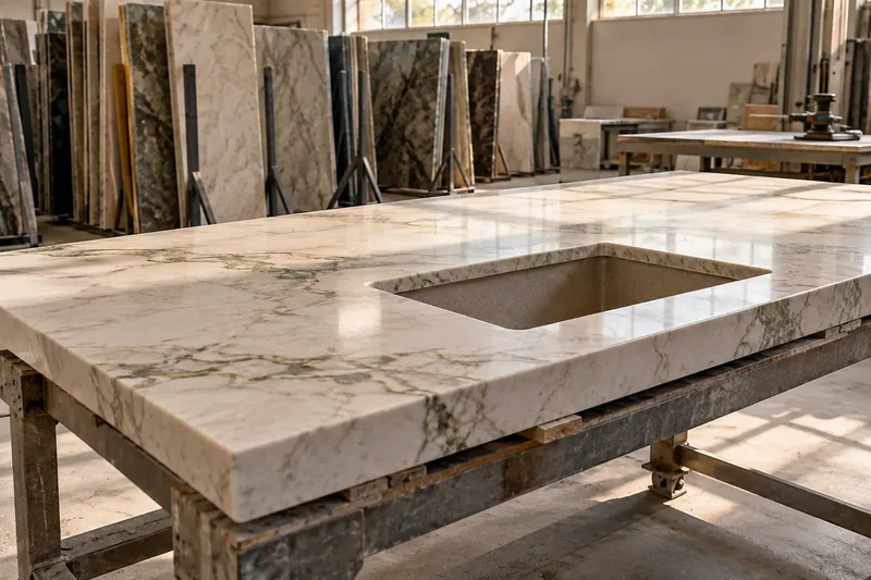 Cut stone countertop on a fabrication bench with a rectangular sink opening, slab racks behind it