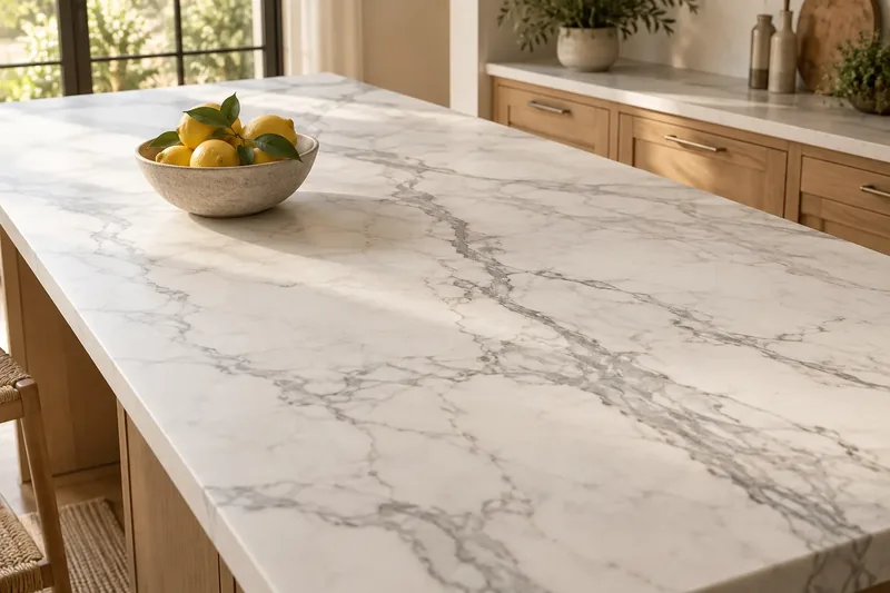 White marble island top with soft grey veining and a bowl of lemons