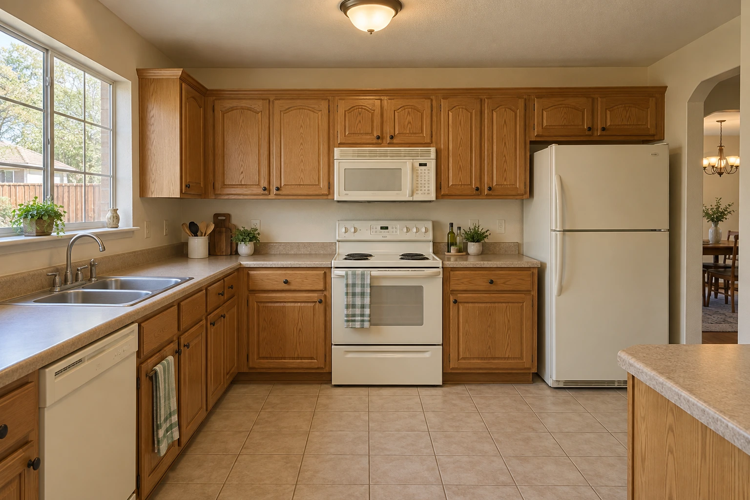 Kitchen with golden oak raised panel cabinets and dated beige laminate counters