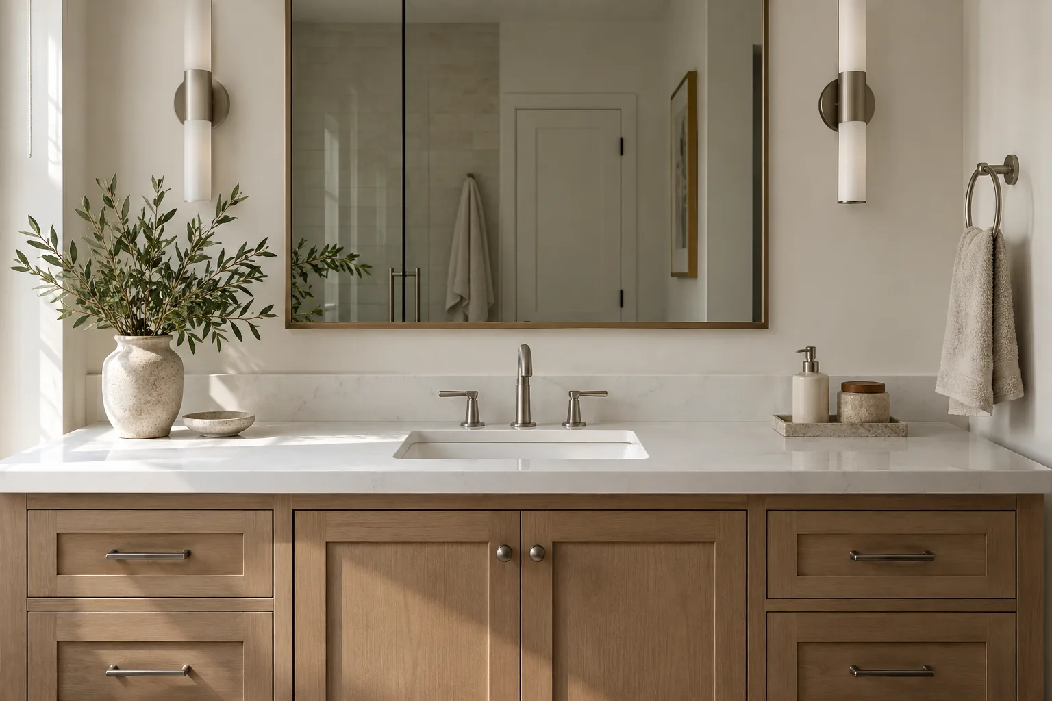 Bathroom vanity in white oak with a white quartz top, a rectangular undermount basin and a framed mirror between two sconces